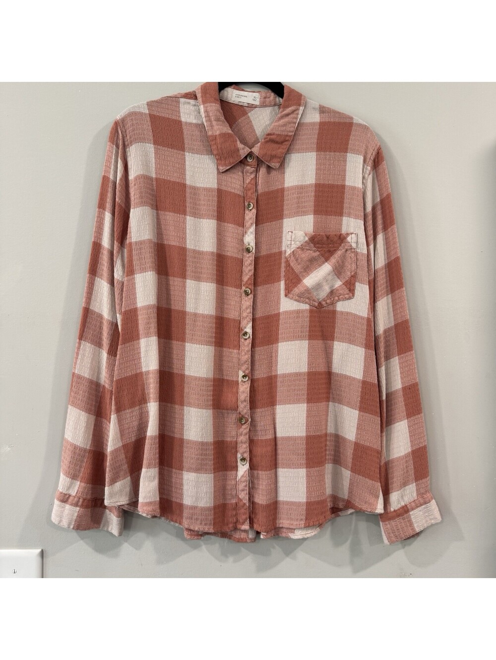 Maurices Women's Relaxed Fit Long Sleeve Button Up Orange Beige Plaid